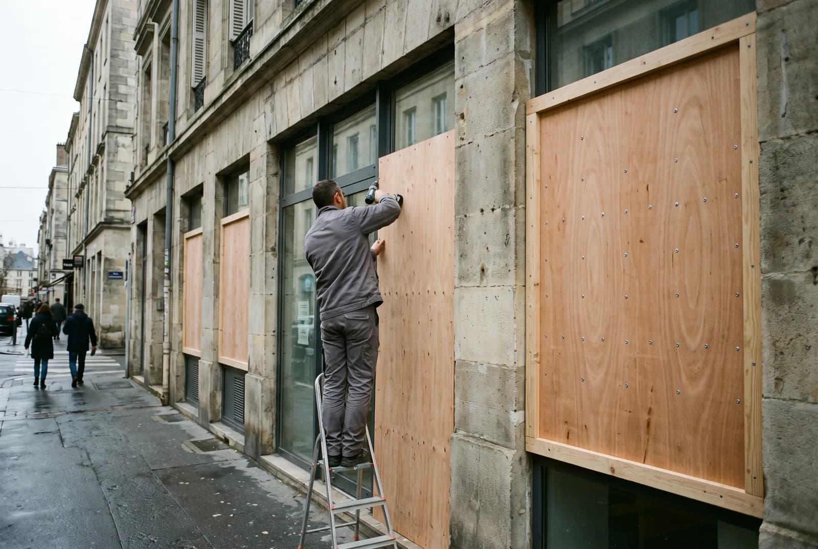 Illustration : Vitrines de commerce protégées par des panneaux de bois vissés sur un cadre