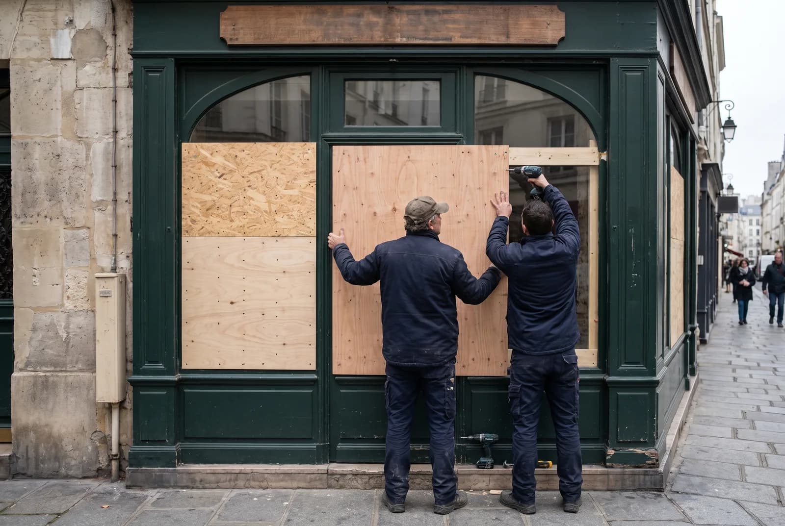Illustration : Vitrines de commerce protégées par des panneaux de bois vissés sur un cadre