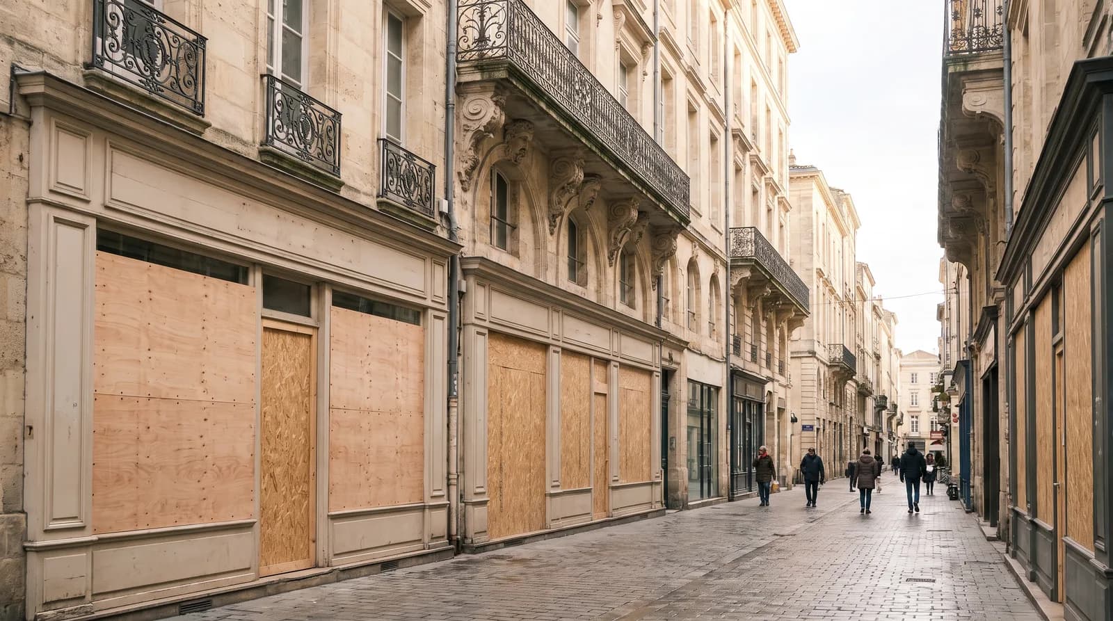 Illustration : vitrines protégées par des panneaux à Bordeaux