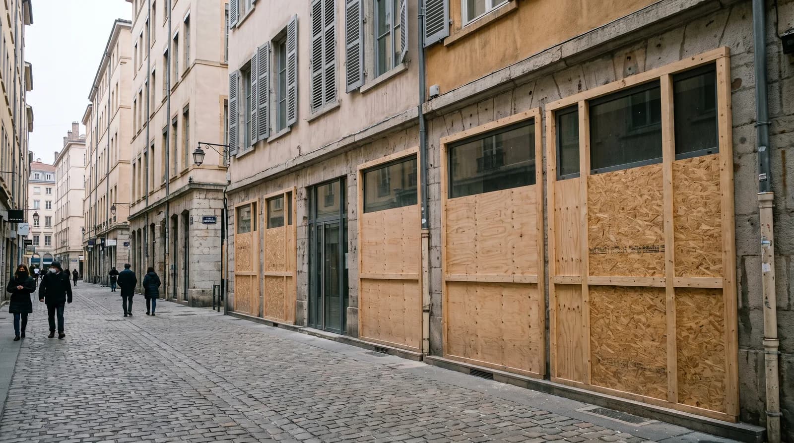 Illustration : vitrines protégées par des panneaux à Lyon