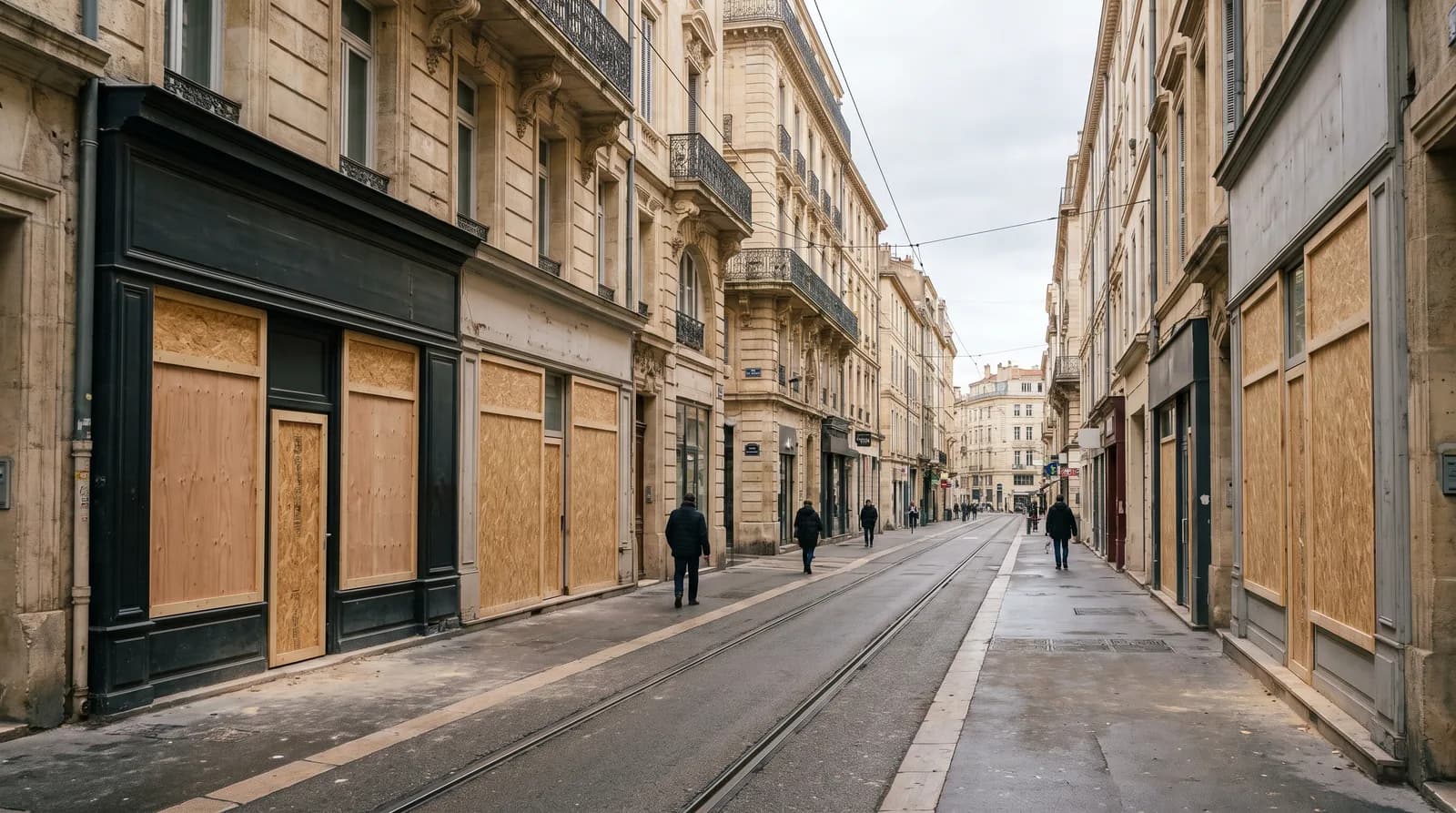 Illustration : vitrines protégées par des panneaux à Marseille