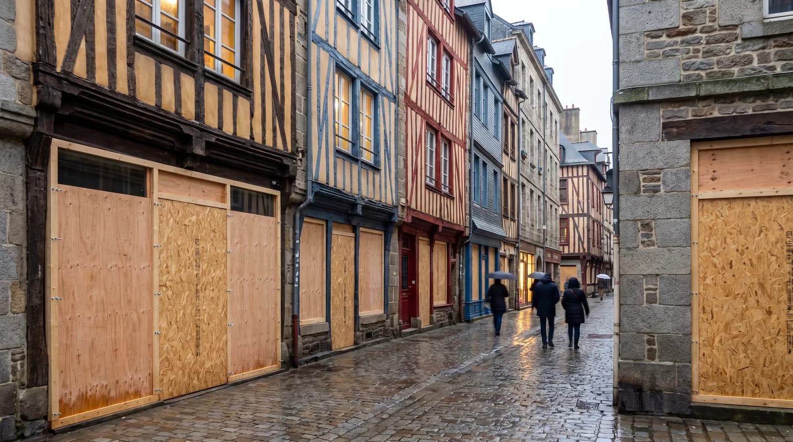Illustration : vitrines protégées par des panneaux à Rennes