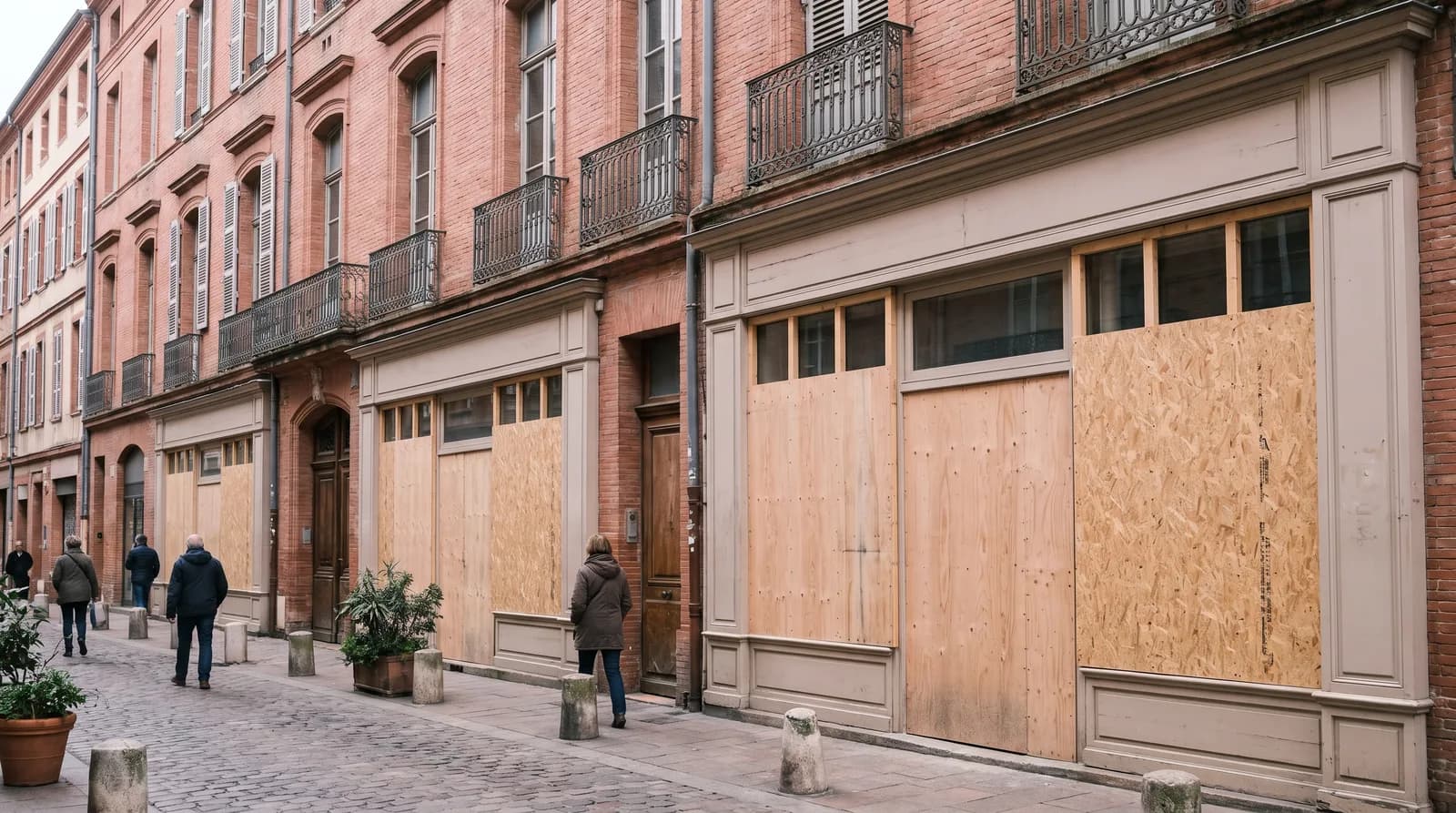 Illustration : vitrines protégées par des panneaux à Toulouse